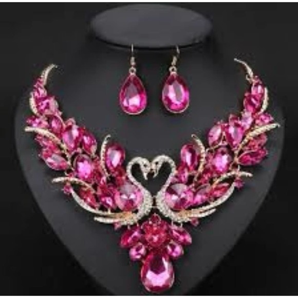 Yellow Gold Pink Crystal Rhinestone Swan Necklace Earrings Bridal Prom Set - Picture 1 of 3
